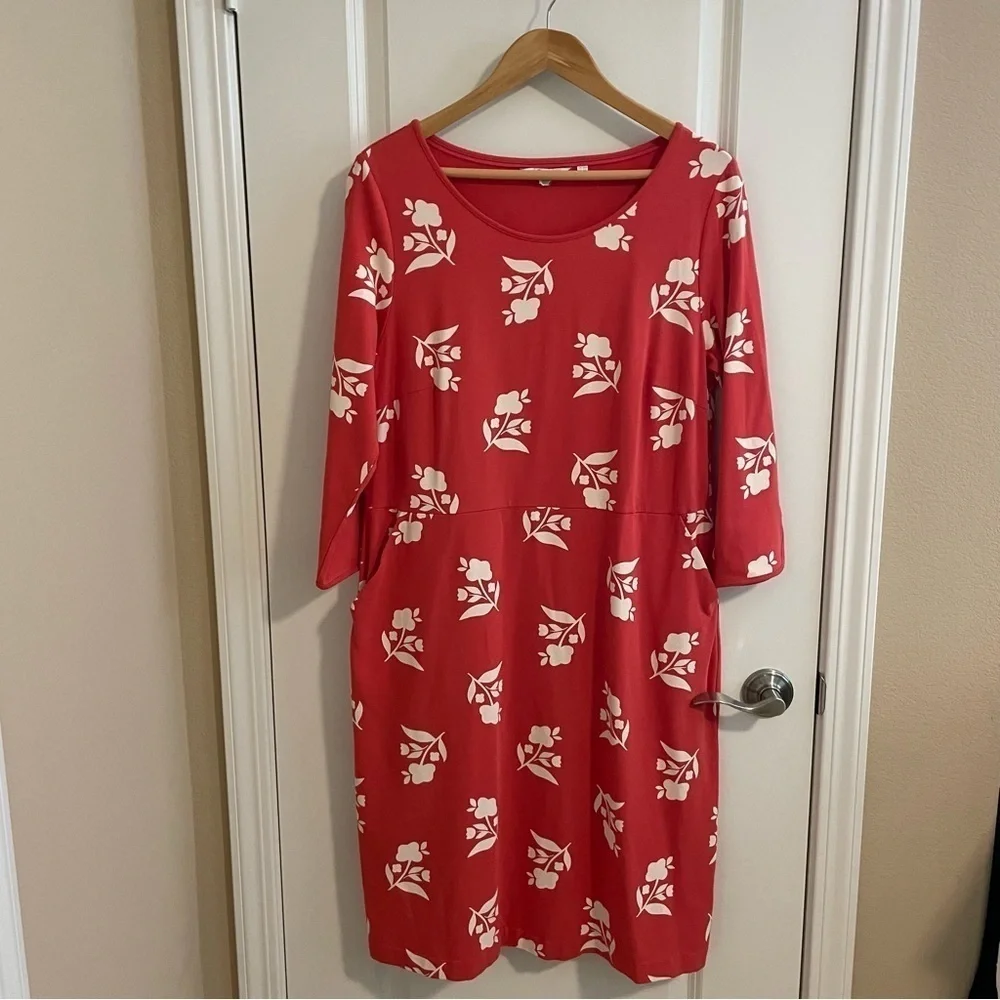 Boden Jessie Jersey Knit Dress Floral Print Coral Red Meadow Motif Size 14